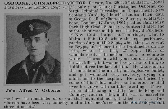 Osborne J A V Pte 3204 1st London Regiment Obit De Ruvignys Roll Of Honour Vol 1