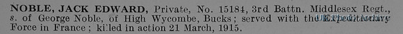 Noble J E Pte 15184 3rd Middlesex Regiment