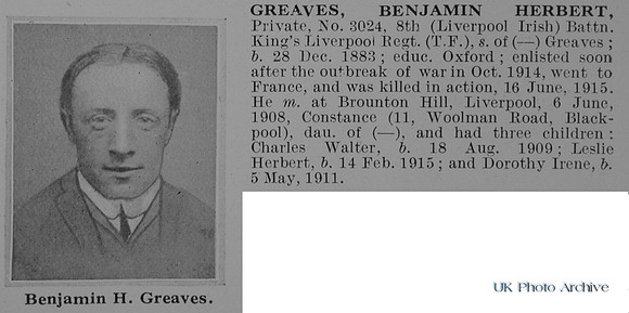 Greaves B H Pte 3024 8th Kings Liverpool Regiment Obit