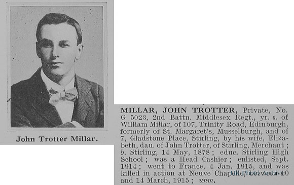 Millar J T Pte G-5023 2nd Middlesex Regiment Obit