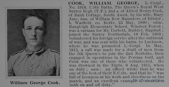 Cook W G L/Cpl 1916 5th Queens West Surrey Regiment Obit