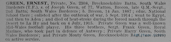 Green E Pte 2308 Brecknockshire Btn South Wales Borderers Obit