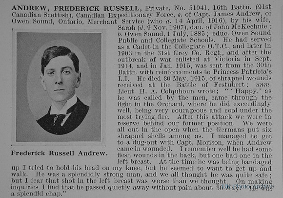Andrew F R Pte 51041 16th Canadian Expeditionary Force Obit