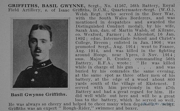 Griffiths B G Sergt 41567 Royal Field Artillery Obit