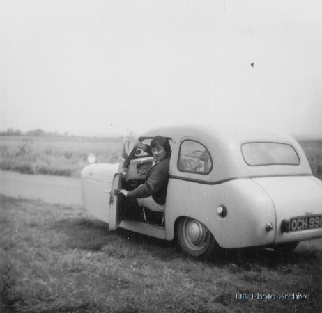 Sylvia Hadden With A 3 Wheeler Car