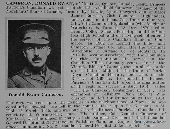 Cameron D E Lt Princess Patricias Canadian Light Infantry Obit