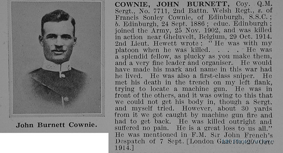 Cownie J B Coy QM Sergt 7711 2nd Welsh Regiment Obit