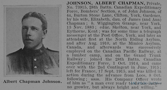 Johnson A C Pte 73915 28th Canadian Expeditionary Force Obit