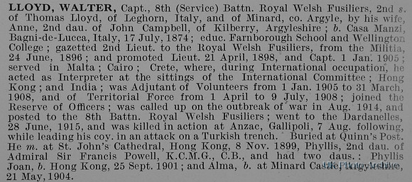 Lloyd W Captain 8th Royal Welsh Fusiliers Obit