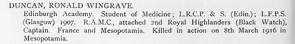 Duncan R W Captain Royal Army Medical Corps Obit