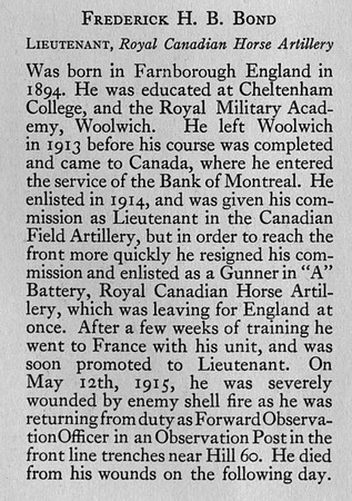 Bond F H B Lt Royal Canadian Horse Artillery Obit