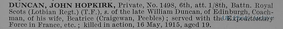 Duncan J H Pte 1498 8th Royal Scots Obit
