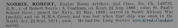 Norris R Engine Room Artificer 2nd Class 149732 HMS Cressy Royal Navy