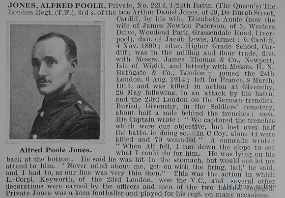 Jones A P Pte 2214 24th London Regiment Obit