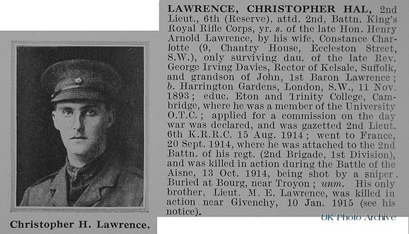 Lawrence C H 2nd Lt 6th Attd 2nd Kings Royal Rifle Corps Obit