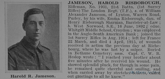 Jameson H R Rfn 1931 21st London Regiment Obit