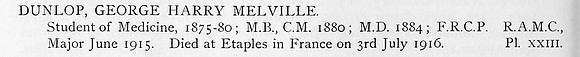 Dunlop G H M Major Royal Army Medical Corps Obit