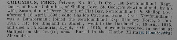 Columbus F Pte 912 1st Newfoundland Regiment Obit