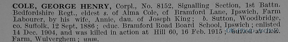 Cole G H Cpl 8152 1st Bedfordshire Regiment Obit