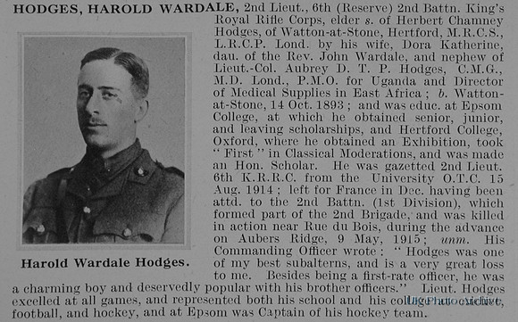 Hodges H W 2nd Lt 2nd Kings Royal Rifle Corps Obit