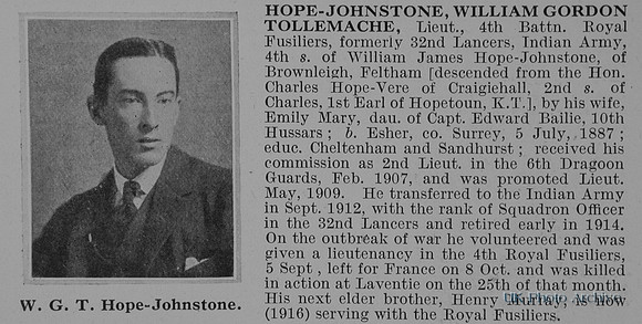 Hope-Johnstone W G T Lt 4th Royal Fusiliers Obit