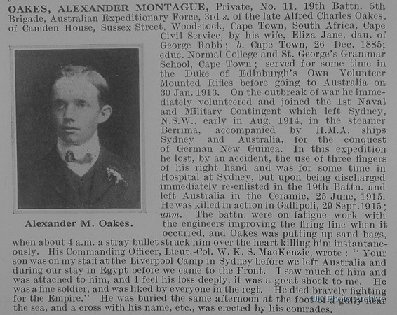 Oakes A M Pte 11 19th Australian Infantry Obit De Ruvignys Roll Of Honour Vol 1
