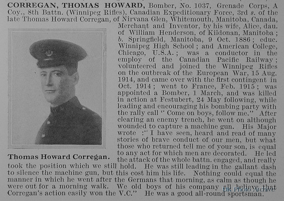 Corregan T H Bomber 1037 8th Canadian Expeditionary Force Obit