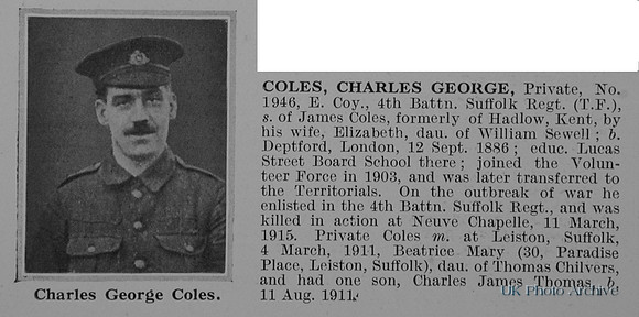Coles C G Pte 1946 4th Suffolk Regiment Obit