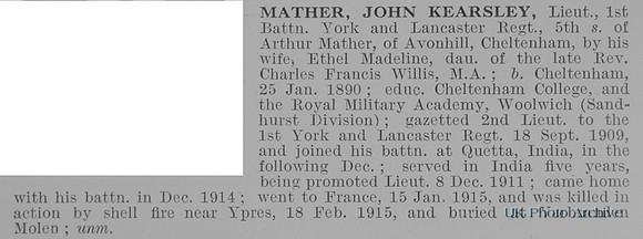 Mather J K Lt 1st York And Lancs Regiment Obit
