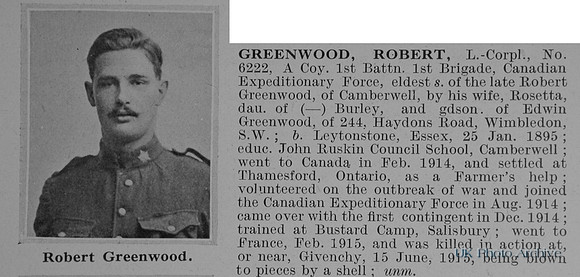 Greenwood R LCpl 6222 1st Canadian Expeditionary Force Obit