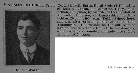 Watson R Pte 2083 4th Royal Scots Obit De Ruvignys Roll Of Honour Vol 1
