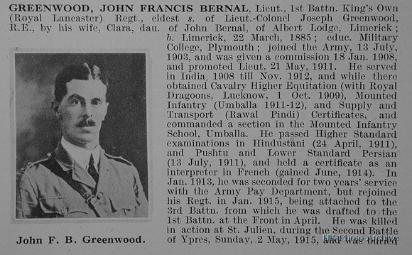 Greenwood J F B Lt 1st Kings Own Obit Part 1