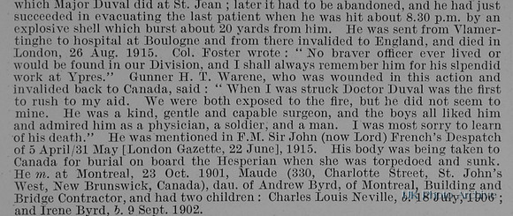 Duval G L J Major Canadian Army Medical Corps Obit Part 2