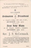 Ordination Card For Rev J B McCormack 21st September 1912