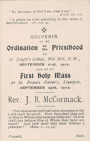 Ordination Card For Rev J B McCormack 21st September 1912