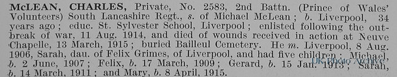 McLean C Pte 2583 2nd South Lancs Regiment Obit