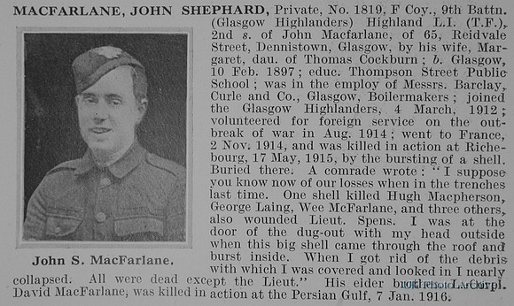 MacFarlane J S Pte 1819 9th Highland Light Infantry Obit De Ruvignys Roll Of Honour Vol 1