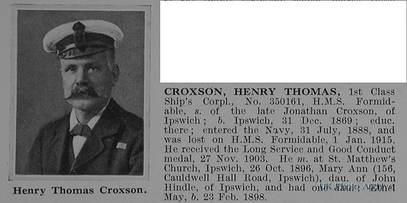 Croxson H T 1st Class Ships Cpl 350161 HMS Formidable Royal Navy Obit
