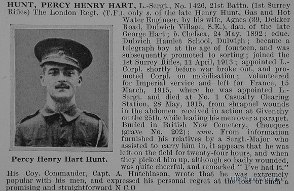 Hunt P H H L/Sergt 1426 21st London Regiment Obit