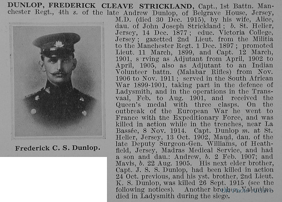 Dunlop F C S Captain 1st Manchester Regiment Obit