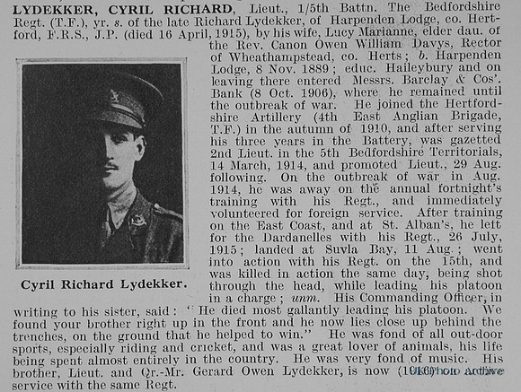 Lydekker C R Lt 5th Bedfordshire Regiment Obit
