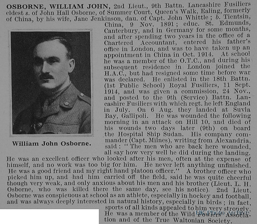Osborne W J 2nd Lt 9th Lancashire Fusiliers Obit De Ruvignys Roll Of Honour Vol 1