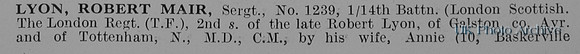 Lyon R M Sergt 1239 14th London Regiment Obit Part 1