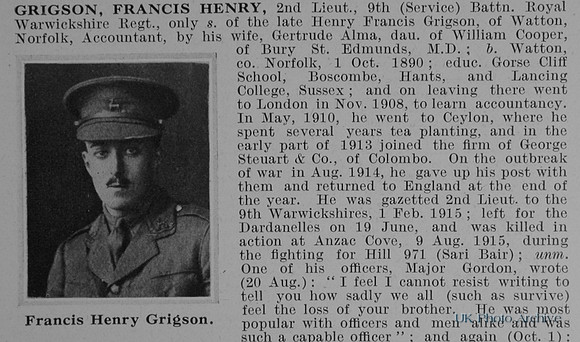 Grigson F H 2nd Lt 9th Royal Warwickshire Regiment Obit Part 1