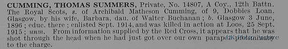 Cumming T S Pte 14807 12th Royal Scots Obit
