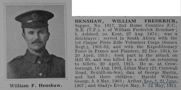 Henshaw W F Sapper 1617 Royal Engineers Obit De Ruvgnys Roll Of Honour Vol 1