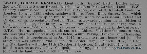 Leach G K Lt 6th Border Regiment Obit