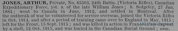 Jones A Pte 65503 24th Canadian Expeditionary Force Obit