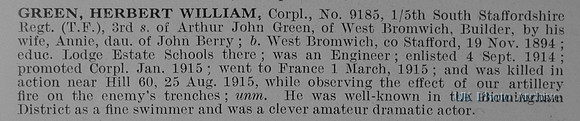 Green H W Cpl 9185 5th South Staffordshire Regiment Obit