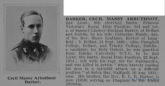Barker C M A 2nd Lt 6th Royal Irish Fusiliers Obit